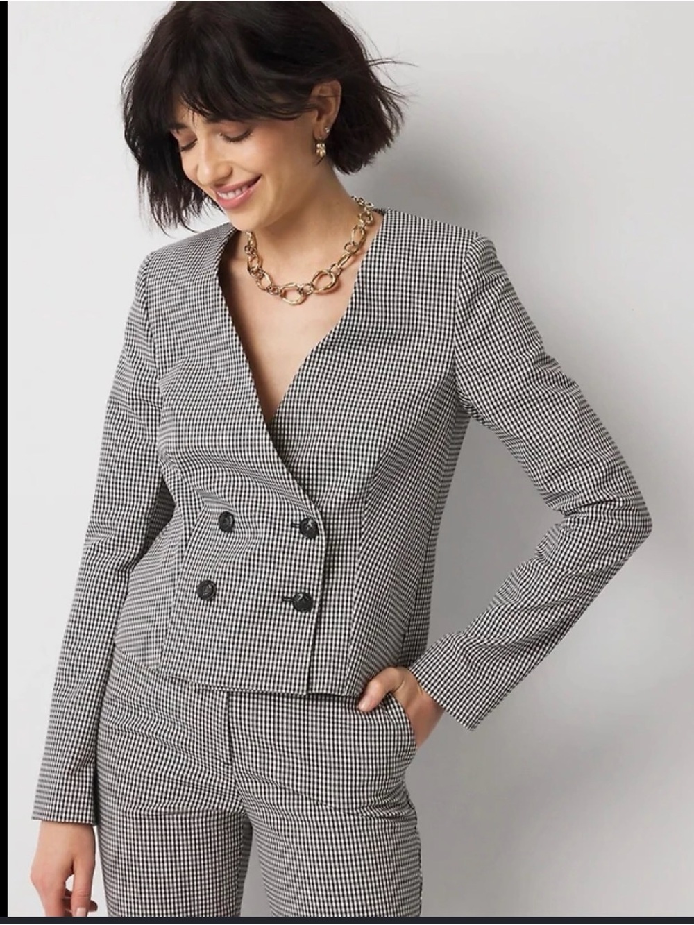 White House Black Market Black & White Gingham Double-Breasted Blazer